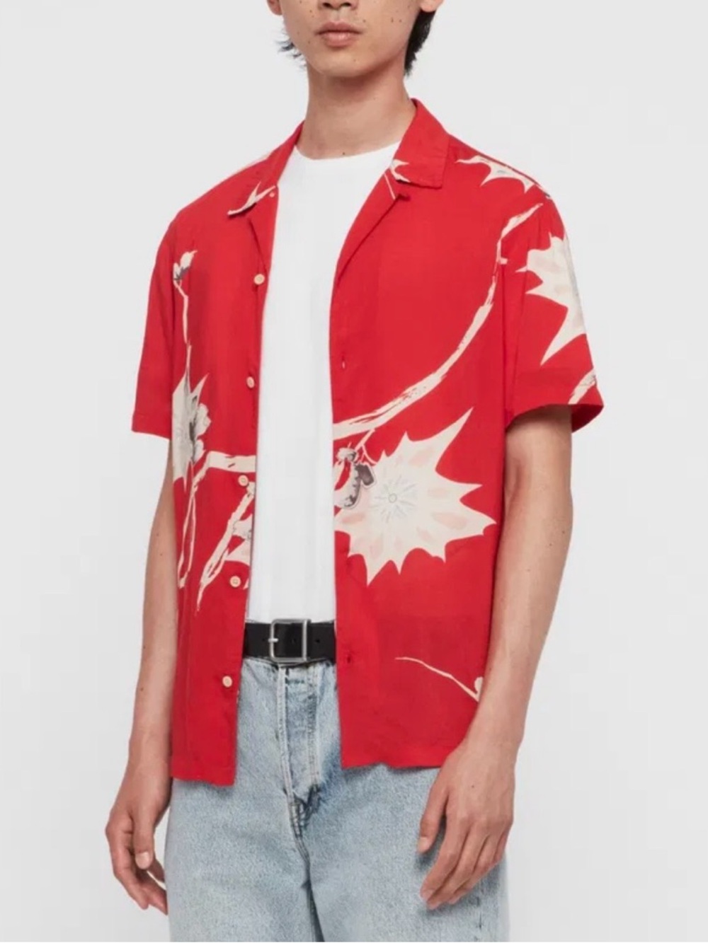 All Saints Mokapu Shirt Red Floral Short-Sleeve Button-Up Camp Shirt Mens Large